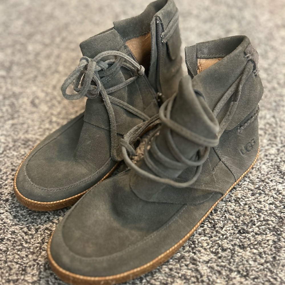 UGG Charcoal Suede Lace-Up Ankle Booties